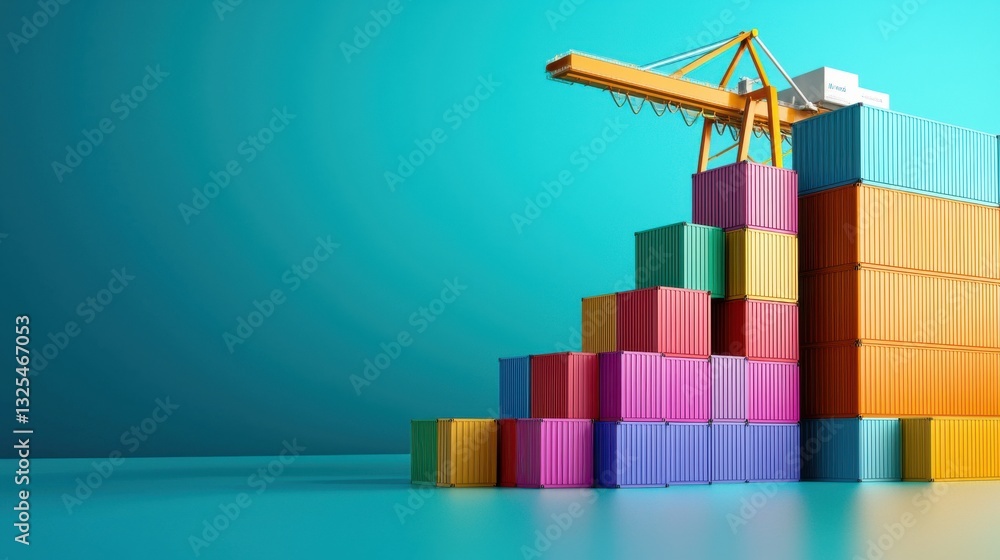 Poster a colorful stack of shipping containers is shown on a blue background