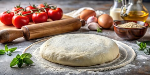 Fototapeta premium Raw pizza dough on counter top, ready for rolling out, pizza, dough, pizza, dough, baking