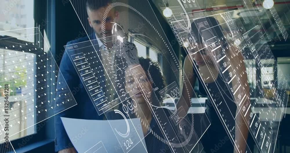 Poster analyzing futuristic digital interface, business professionals using animation for data insights
