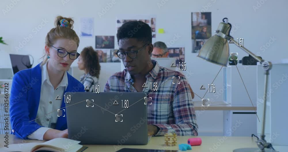 Poster collaborating on laptop, colleagues analyzing data with processing animation overlay