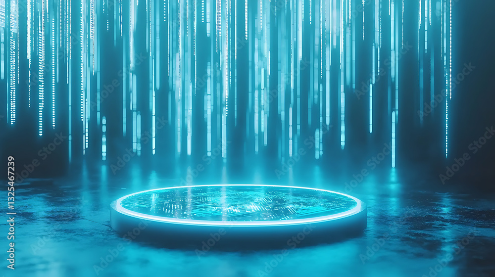 Poster illuminating digital rainfall over futuristic circular platform virtual space 3d render neon environ