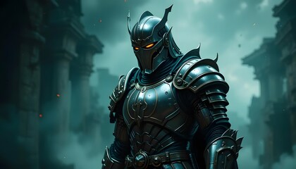 Naklejka premium Armored Warrior Standing Guard Amidst Ancient Ruins with Ominous Lighting