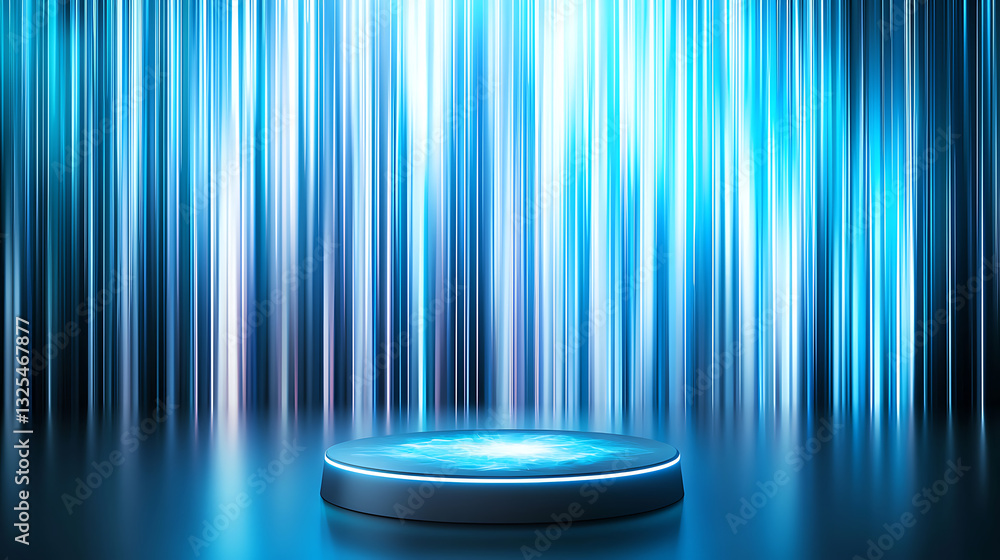 Poster dynamic light show performance on stage with blue background digital art studio setting close-up vie