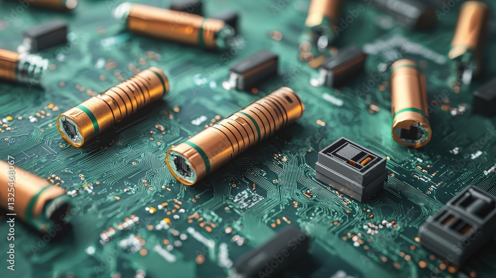 Poster a detailed circuit board featuring a micro processor and intricate wiring representing modern techno