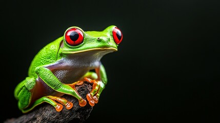 Fototapeta premium Green Frog Perched Upon Branch With Vivid Red Eyes