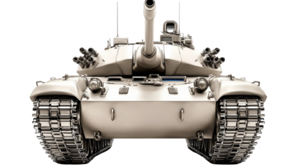 Realistic military tank front view with detailed design and equipment showcasing powerful artillery