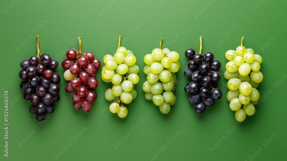 Poster a bunch of grapes in different colors are displayed on a green background