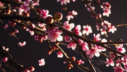 Naklejka premium Low angle view of pink and white peach blossoms in high contrast for nature-themed print and decor