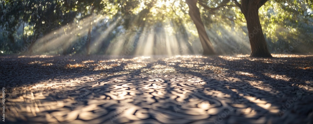 Poster sunlight streams through trees onto a textured forest floor scene