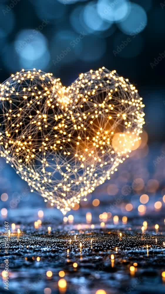 Poster heart-shaped light display shines brightly during the evening hours creating a romantic atmosphere