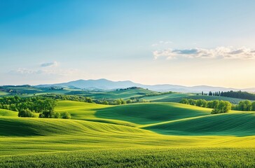 Lush Green Rolling Hills Under a Clear Blue Sky with Gentle Mountains in the Distance at Golden Hour in a Picturesque Landscape Setting