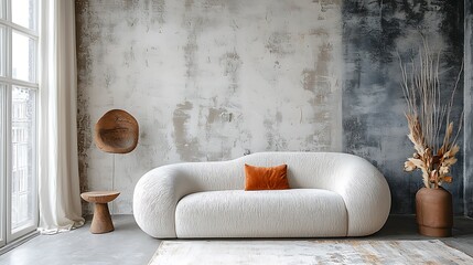 Modern Living Room Interior Design with Textured Sofa and Organic Decor.