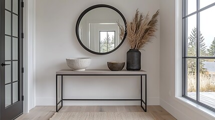 Modern Entryway Decor Stylish Console Table with Mirror and Dried Flowers.