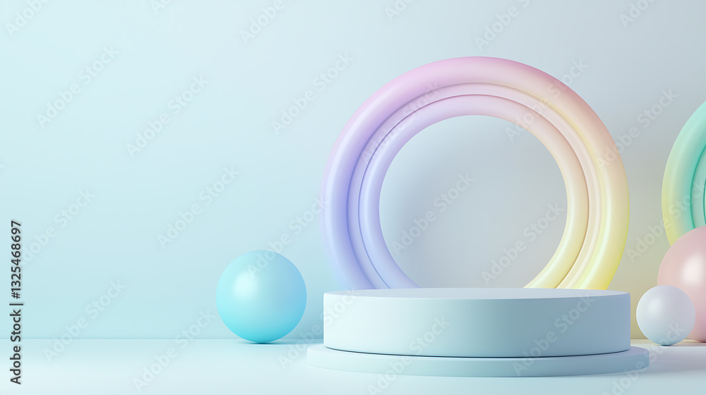 Poster creative display of soft pastel rainbows and shapes studio digital art calm environment front view m