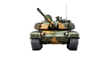 Front view of a military tank in camouflage pattern with turret raised and gun barrel forward