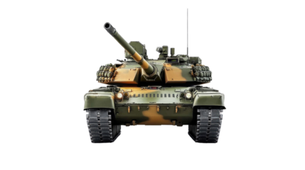 Front view of a military tank in camouflage pattern with turret raised and gun barrel forward