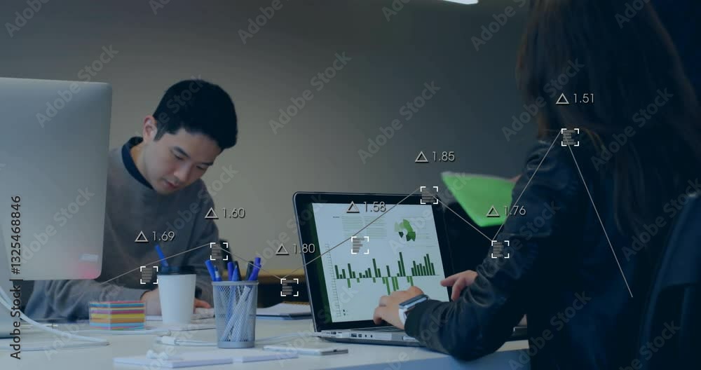 Poster Analyzing data with digital graphs overlay, business team using laptops in office