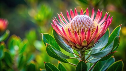 Delicate, intricate Madiba Protea flower blooms on a vibrant green stem surrounded by lush foliage and subtle texture , , Madiba protea flower