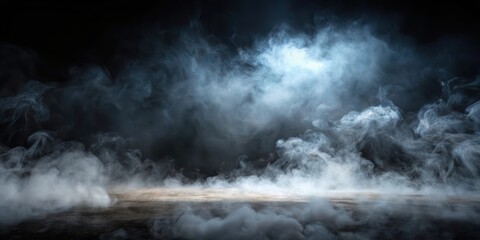 Naklejka premium Misty atmosphere with fog swirling on a dark black background, evoking an eerie and mysterious ambiance , darkness