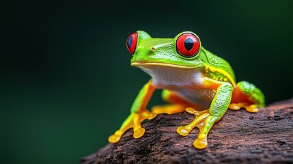 Fototapeta premium A vibrant green frog with red eyes rests on a tree branch