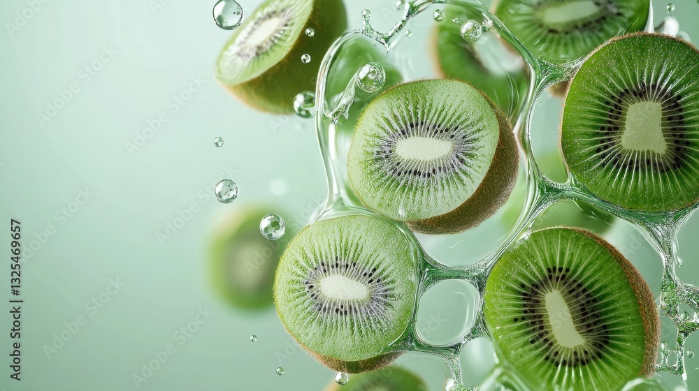 Poster a close up of a bunch of kiwi fruit with water droplets surrounding them