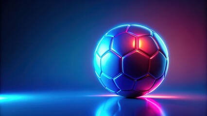 Obraz premium Abstract glowing neon colored soccer ball over blue background, sports equipment