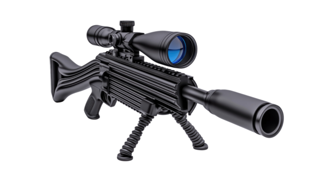 Modern Black Rifle with Scope and Silencer on Isolated Background for Tactical Themes