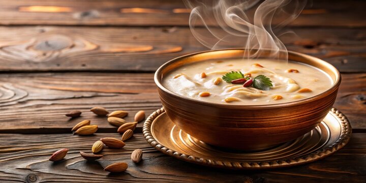 Steaming bowl of creamy Palada payasam dessert on a wooden table , Indian sweets,