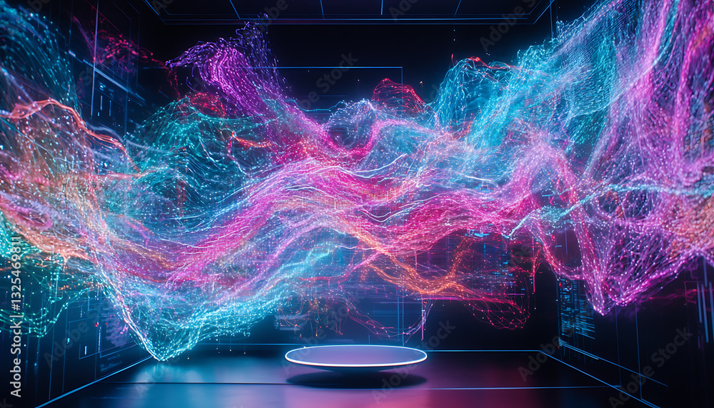 Poster dynamic light waves display virtual studio digital art tech environment futuristic perspective visua
