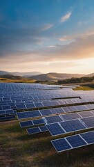Expansive solar farm across rolling hills under scenic sky for sustainable energy and environmental conservation design