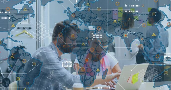 People collaborating on laptop with world map and data processing animation overlay - Powered by Adobe