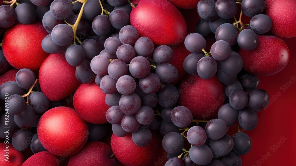 Poster a bunch of grapes and apples are displayed on a red background