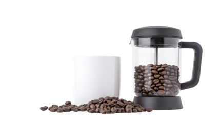 Freshly Roasted Coffee Beans with French Press and White Mug on a Clean Surface
