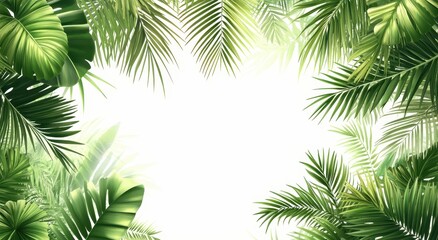 Lush Green Tropical Palm Leaves Frame with Bright Light Center for Nature Themes, Summer Vibes, and Relaxation Concepts in Design Projects