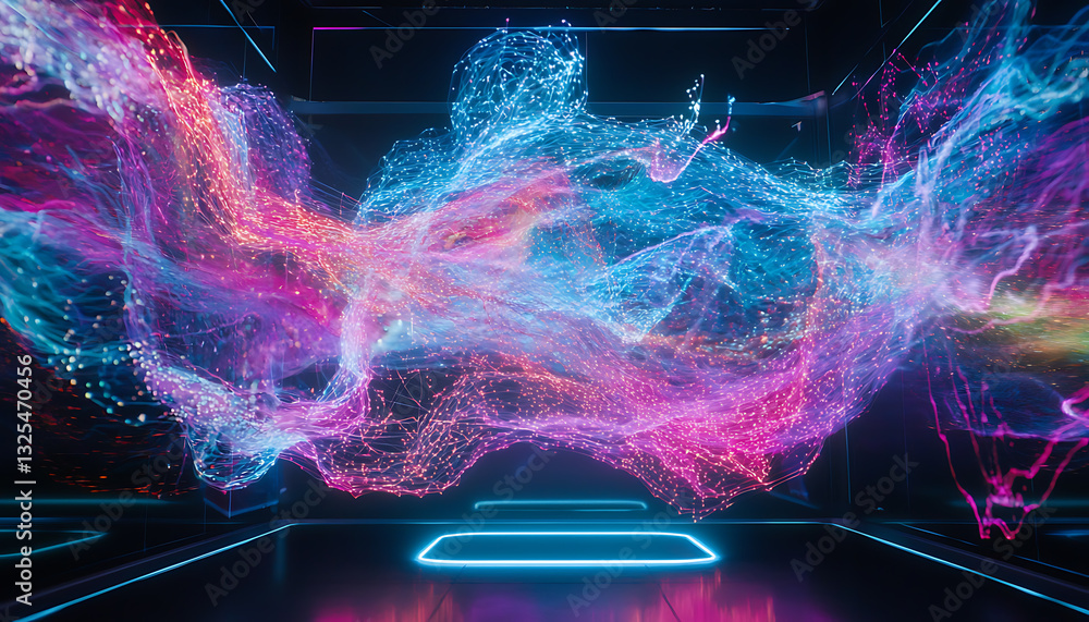 Poster dynamic colorful waves of light virtual studio digital art futuristic environment abstract concept