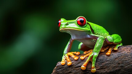 Obraz premium A vibrant green frog with red eyes is perched on wood
