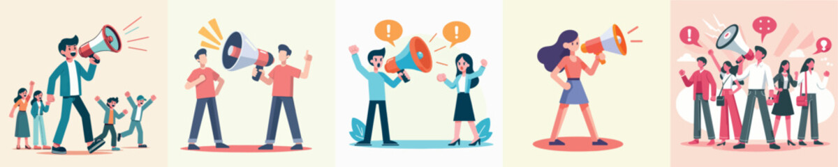 Vector set image of people using megaphone