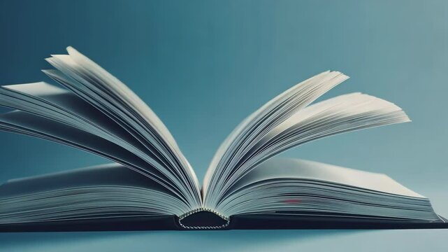 Pages turning in an open book against a calm blue background, capturing a sense of motion and tranquility