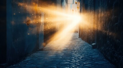 Ethereal light illuminates a historic narrow alleyway creating a mystical scene