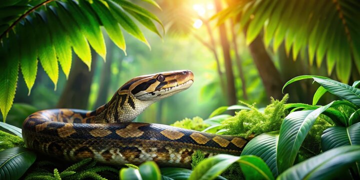python snake slithering through lush green jungle foliage, tropical, movement,  tropical, movement, python, overgrowth, reptile