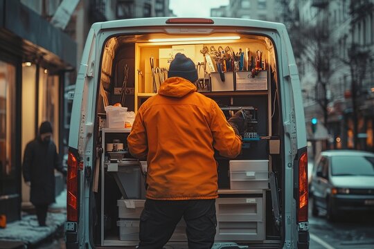 Mobile Workshop: Craftsperson Organizing Tools in Van, Efficiently Working Outdoors