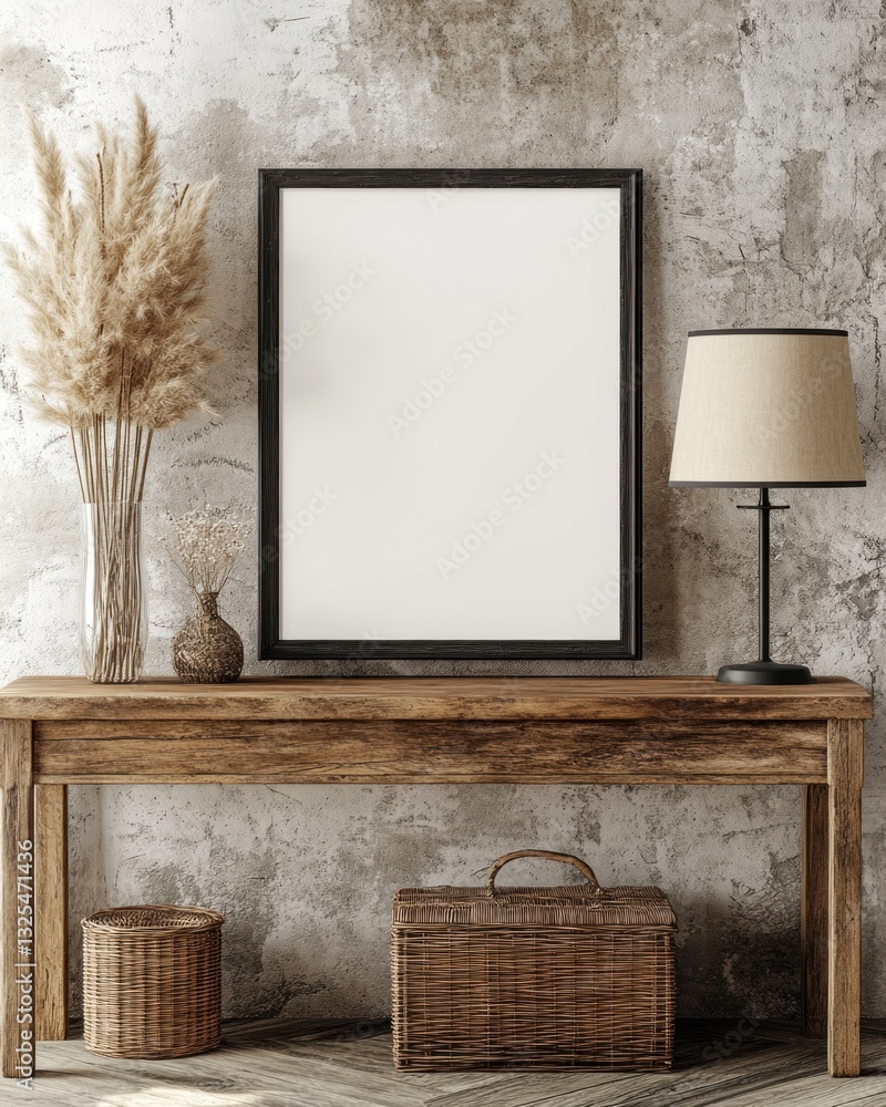 Poster blank frame mockup on rustic wooden console table with pampas grass and wicker baskets.