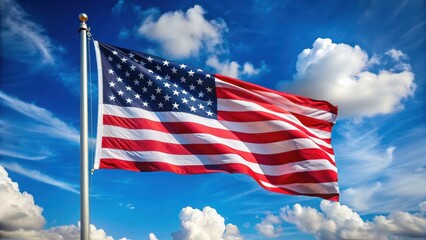 Fototapeta premium A majestic American flag stands tall against a bright blue sky with gentle breeze causing it to wave freely in the air, symbolizing freedom and patriotism , USA, Patriotic