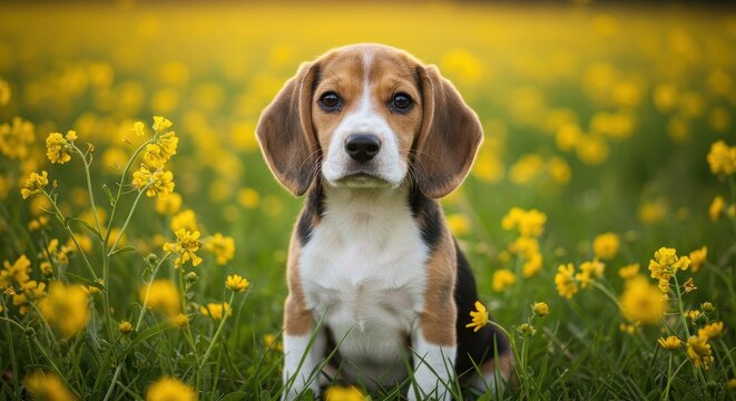 Beagle Puppy Sitting in a Field of Yellow Wildflowers. Desktop wallpaper