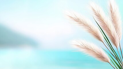 Elegant pampas grass sways gently against a serene, blurred blue background, evoking a tranquil and calming atmosphere.