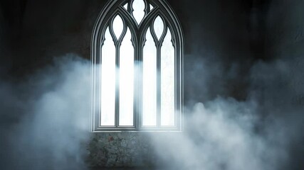 Mysterious light filters through a gothic window in a foggy, dimly lit room during an eerie nighttime atmosphere