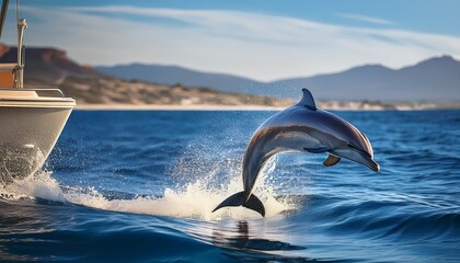 Fototapeta premium Playful Dolphin Leaping Beside a Boat on Sunlit Ocean Waves
