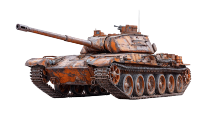 Rusted Soviet Tank T-55 on Isolated White Background with Detailed Texture and Elements
