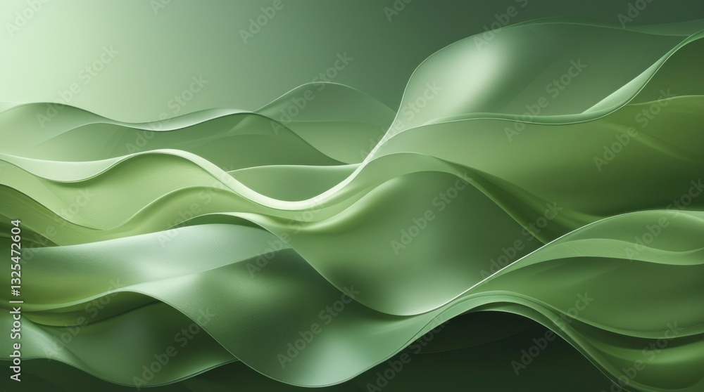 Poster an artistic moss-green background with layered translucent shapes, resembling flowing fabric. soft, 