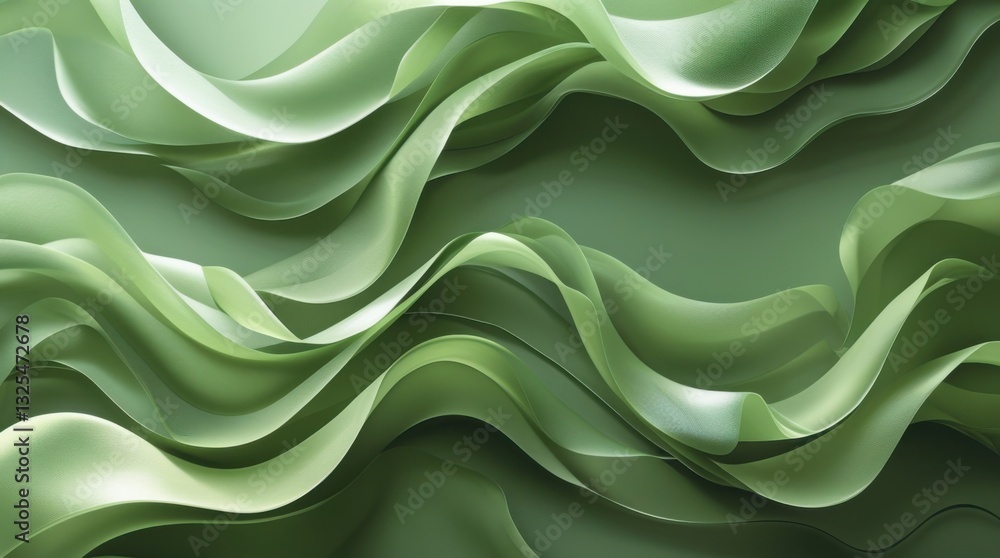 Poster an artistic moss-green background with layered translucent shapes, resembling flowing fabric. soft, 